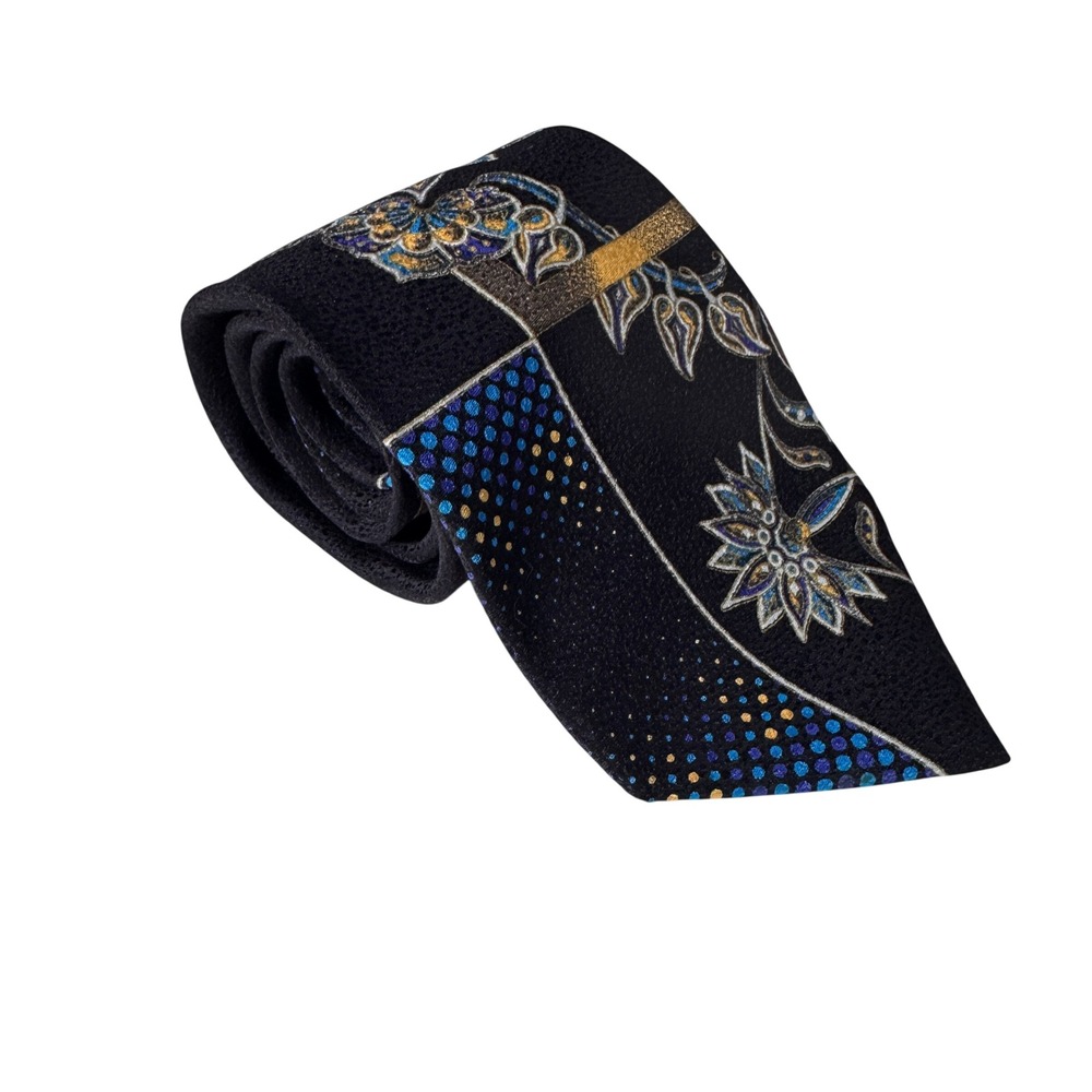 Chiarini Mens Silk Tie Black Blue Gold‎ Floral Geometric Abstract Made in Canada